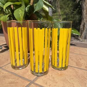 Vintage MCM Party Time Libby Bimini Tall Striped Collin’s Glasses Yellow Set 3
